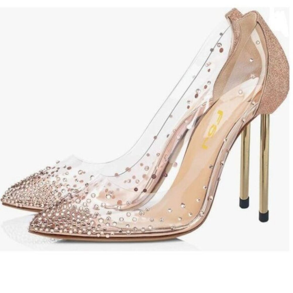 FSJ Sparkle Pink Studded Pointed Toe Transparent Pumps High Heels Shoes